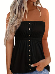 Button Detail Pleated Tube Top Casual Summer Sleeveless Top