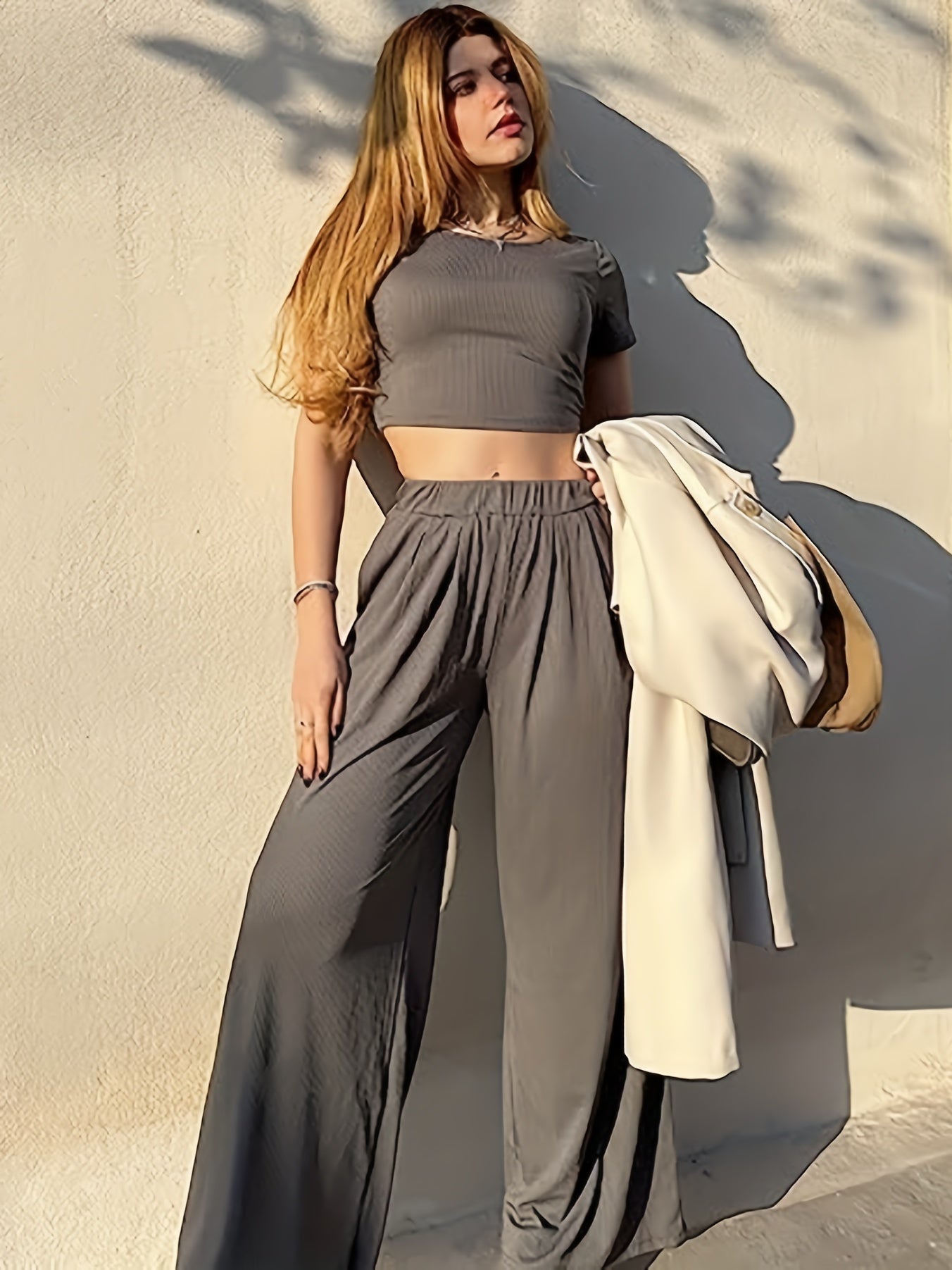 Solid Ribbed Two piece Set Short Sleeve Crop T shirt & Pocket Wide Leg Pants
