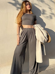 Solid Ribbed Two piece Set Short Sleeve Crop T shirt & Pocket Wide Leg Pants