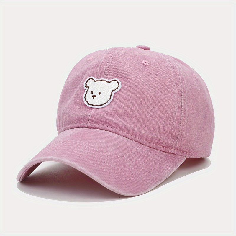 Cartoon Bear Patch Baseball Cap Solid Washed Distressed Sun Hat