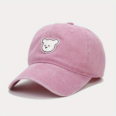 Cartoon Bear Patch Baseball Cap Solid Washed Distressed Sun Hat