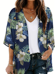 Tropical Print Cover Up Shirt V Neck Loose Fit Beachwear Women's Swimwear