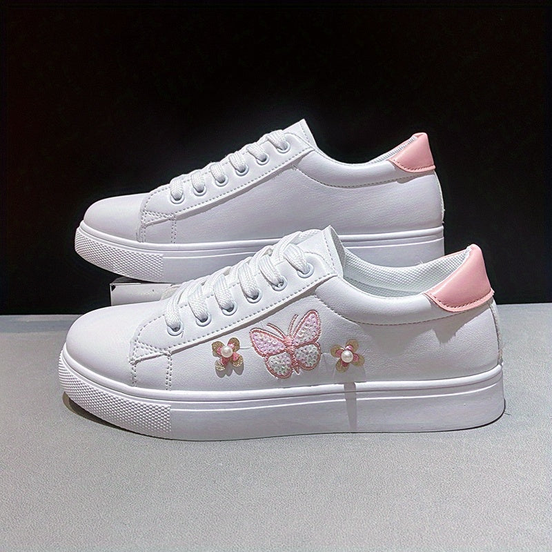 Women's Butterfly Flat Skate Shoes Faux Pearl Decor Low Top Sneakers