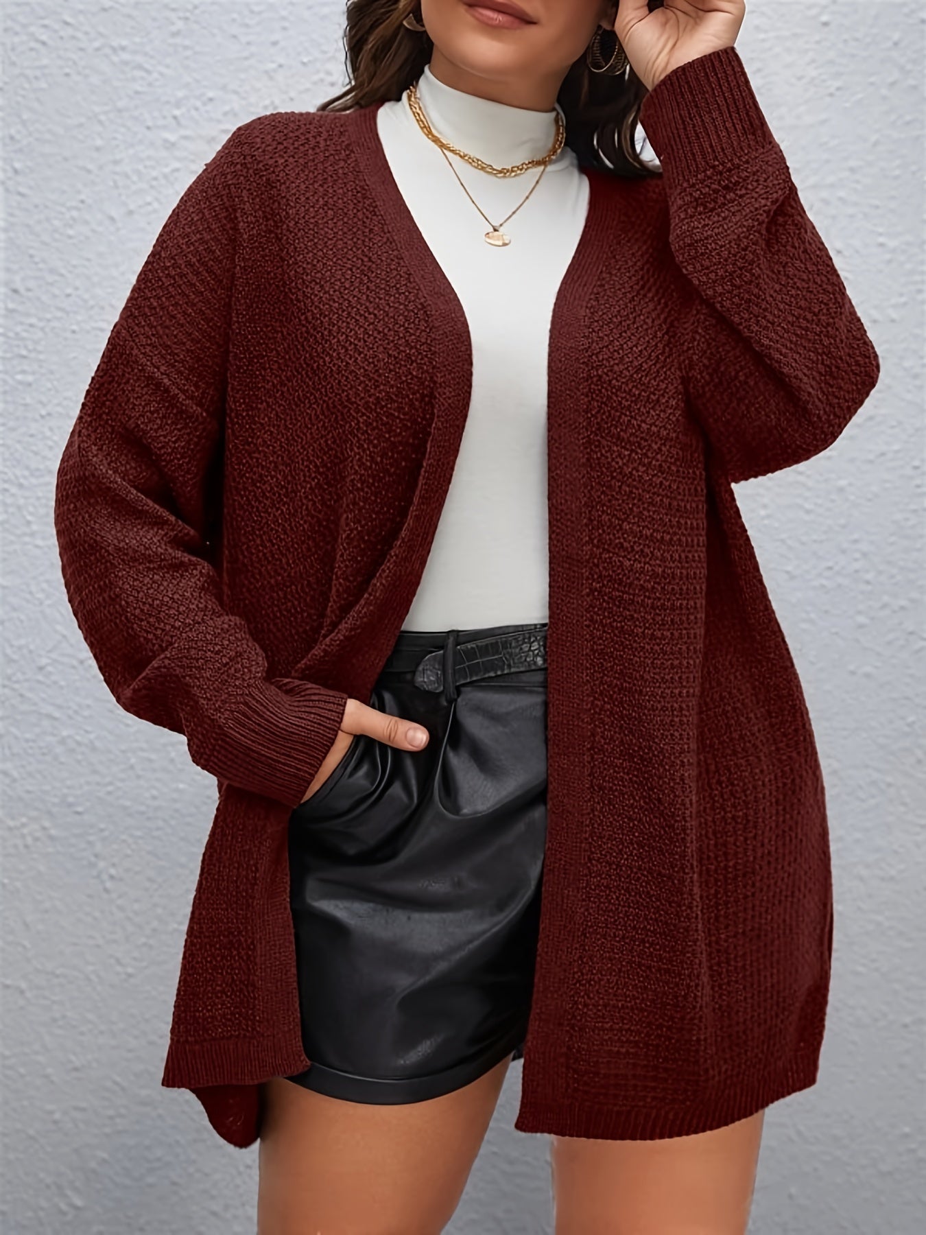 Solid Knit Long Cardigan Women's Plus High Stretch Casual Knitwear