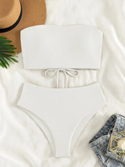 Rib Knit Bikini Set Bandeau Tube Top Tie Back High Cut Swimsuit