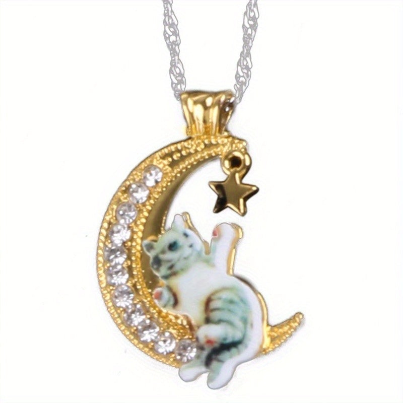 Cartoon Cat Moon Pendant Necklace for Girls