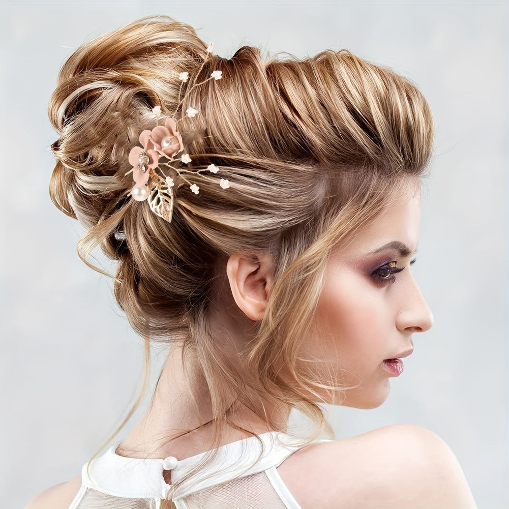 Pink Flower Hair Pin Inlaid Faux Pearl U shaped Hairpin Hair Accessories