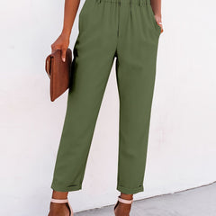 Ruffled Elastic Waist Casual Pants - Solid High Waist Athleisure