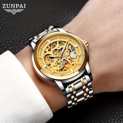 ZUNPAI Business Skeleton Wristwatch Stainless Steel Waterproof Men's Watch