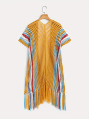 Open Knit Tassel Cover Up Short Sleeve Beach Cover Up Women's Swimwear
