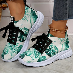 Women's Green Leaves Pattern Running Shoes Soft Mesh Breathable Lace Up Sneakers
