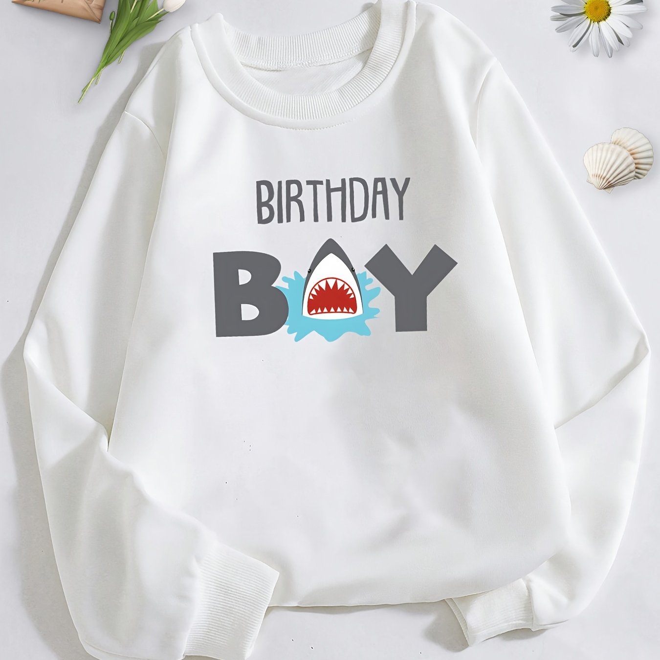 Shark And BIRTHDAY BOY Print Boys Sweatshirt Long Sleeve Crew Neck Tops