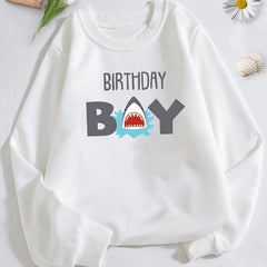 Shark And BIRTHDAY BOY Print Boys Sweatshirt Long Sleeve Crew Neck Tops