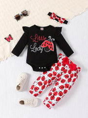 3pcs Newborn Baby Girls Ladybug Cartoon Print Outfit Set