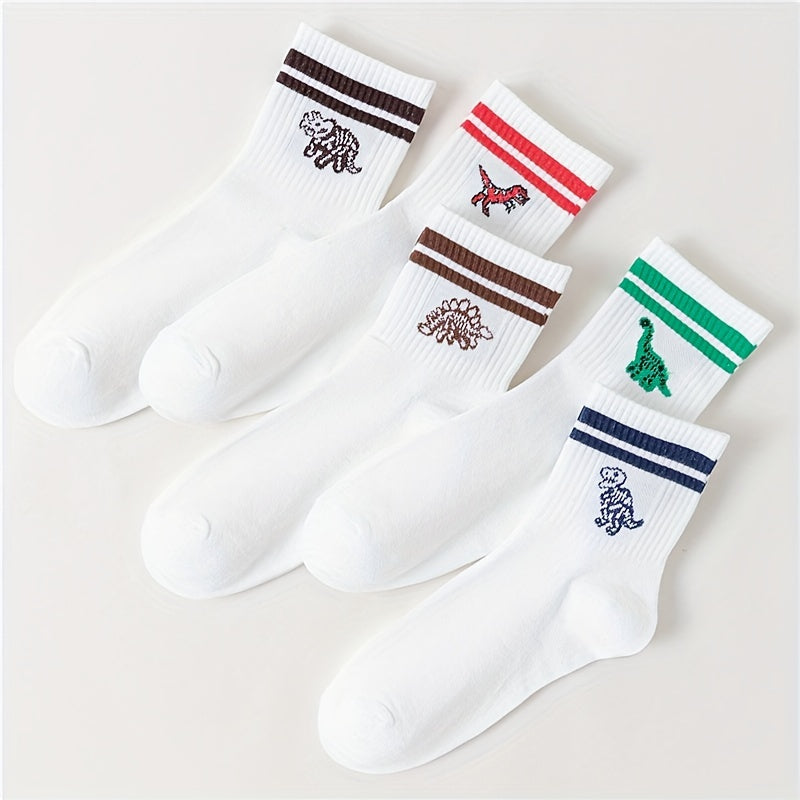 5 Pairs Striped Dino Ribbed Socks Breathable Mid Tube Women's Hosiery