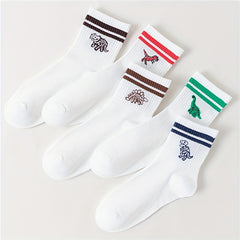 5 Pairs Striped Dino Ribbed Socks Breathable Mid Tube Women's Hosiery