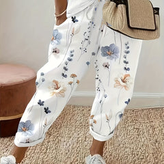 Floral Print Drawstring Straight Leg Pants Dual Pockets