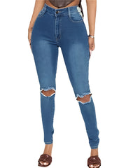 High Waist Ripped Holes Skinny Jeans Slim Fit High Stretch Casual Denim Pants