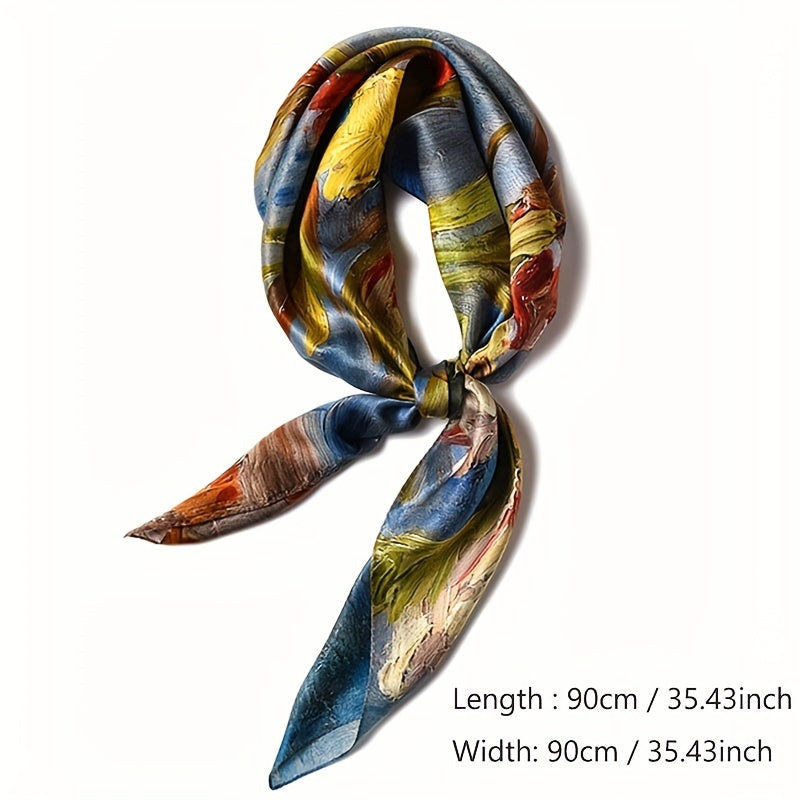 Oil Painting Print Square Scarf Shawl Twill Satin Silk Scarf