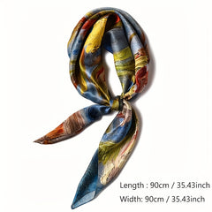 Oil Painting Print Square Scarf Shawl Twill Satin Silk Scarf