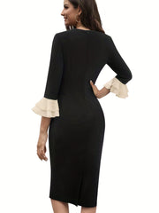 Tie Neck Ruffle Trim Midi Dress 3 4 Sleeve