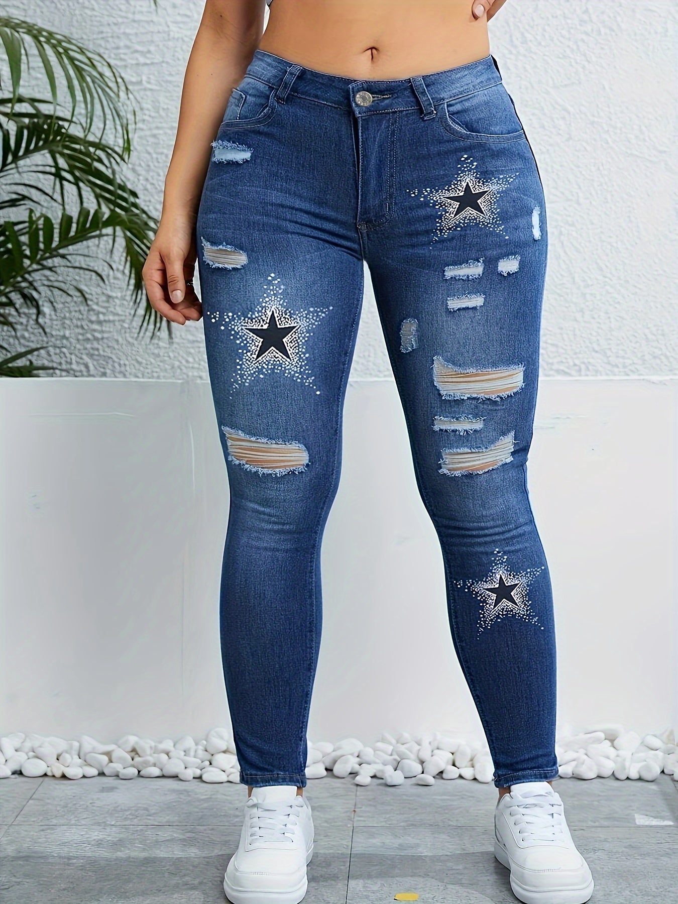 Star Print Ripped High Rise Skinny Jeans