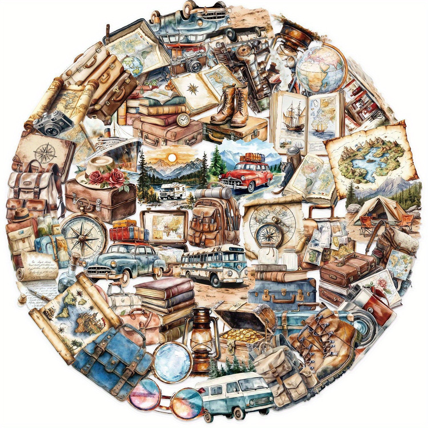 50pcs Vintage Travel Stickers Retro Adventure Designs Self Adhesive Decals