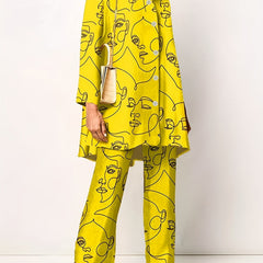 Women's Plus Abstract Face Print Long Sleeve Button Up Shirt & Pants Set