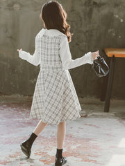 Girls Lace Trim LS Shirt & Plaid V neck Skirt Overall Dress Set
