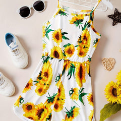 Girls Sunflower Graphic Cami Rompers Jumpsuits For Beach Vacation