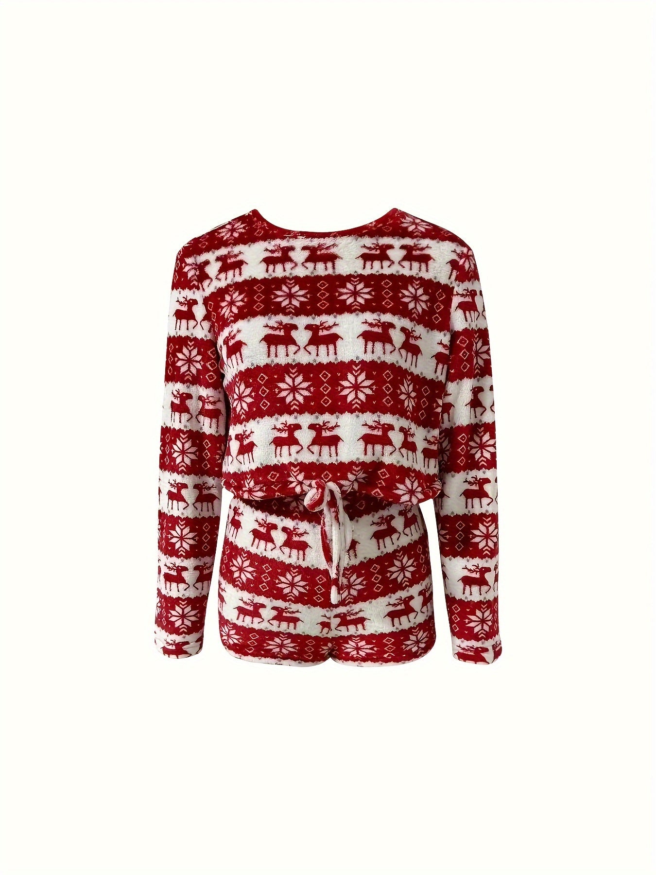 Christmas Elk Print Plush Lounge Set Tie Front Top & Shorts