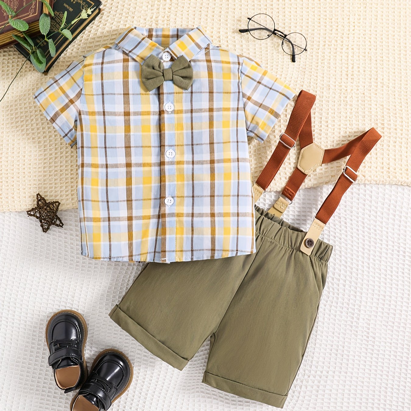 Baby Boy Gentleman 2pcs Set Plaid Shirt & Bib Pants Outfit