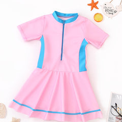 Girls Block Zipper One Piece Swimsuit Summer Beach Clothes