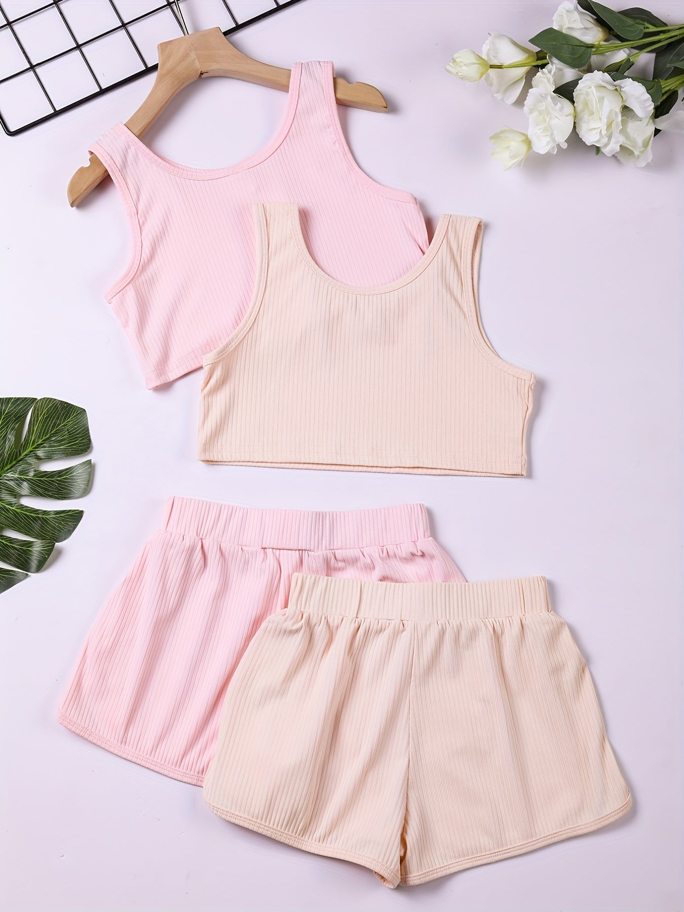 Girls Ribbed Knit Tank Crop Top & Bow Track Shorts Sport Set Kids Summer
