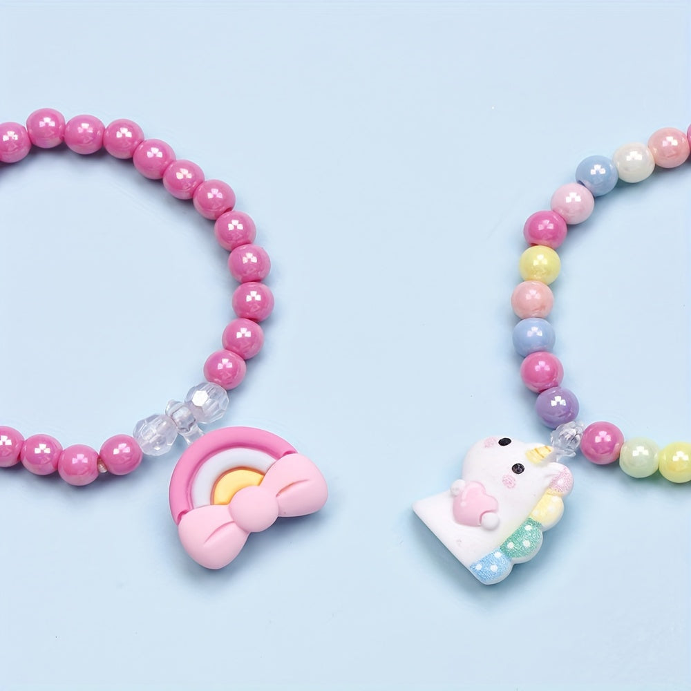 6pcs Unicorn Rainbow Pendant Beaded Bangle Bracelet Set Kids Accessories