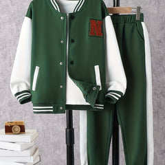 Boy's Preppy Style Baseball Jacket & Sweatpants Set