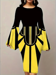 Geometric Print Bell Sleeve Midi Dress