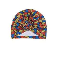 Geometric Print Pleated Turban Pre Tied Front Knot Elastic Beanie Head Wrap