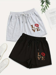 2 Pack Plus Size Casual Shorts Women's Plus Leopard & Kiss Print Drawstring Shor