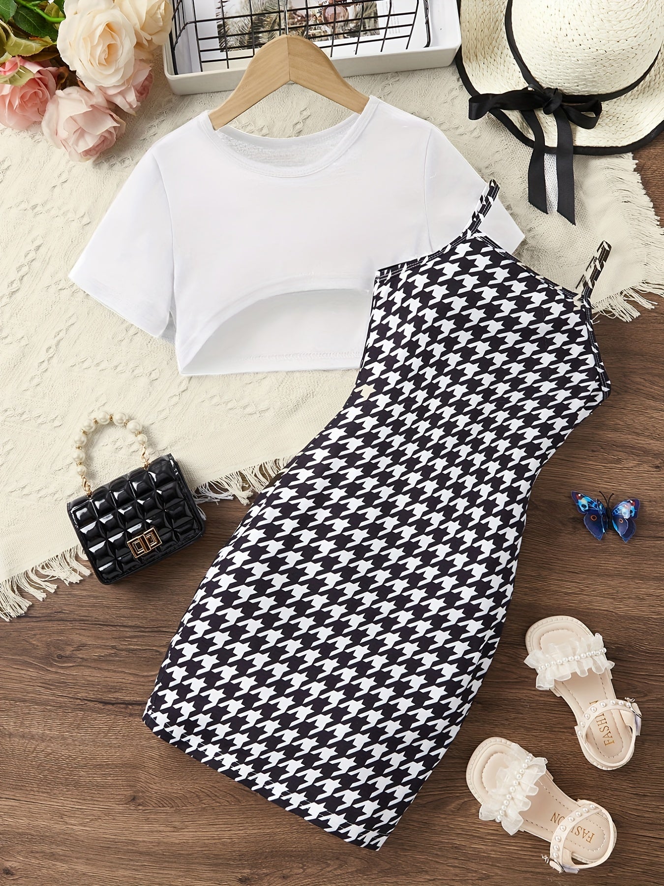 Girls Cropped T-shirt & Houndstooth Dress Set for Summer Party