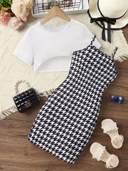 Girls Cropped T-shirt & Houndstooth Dress Set for Summer Party