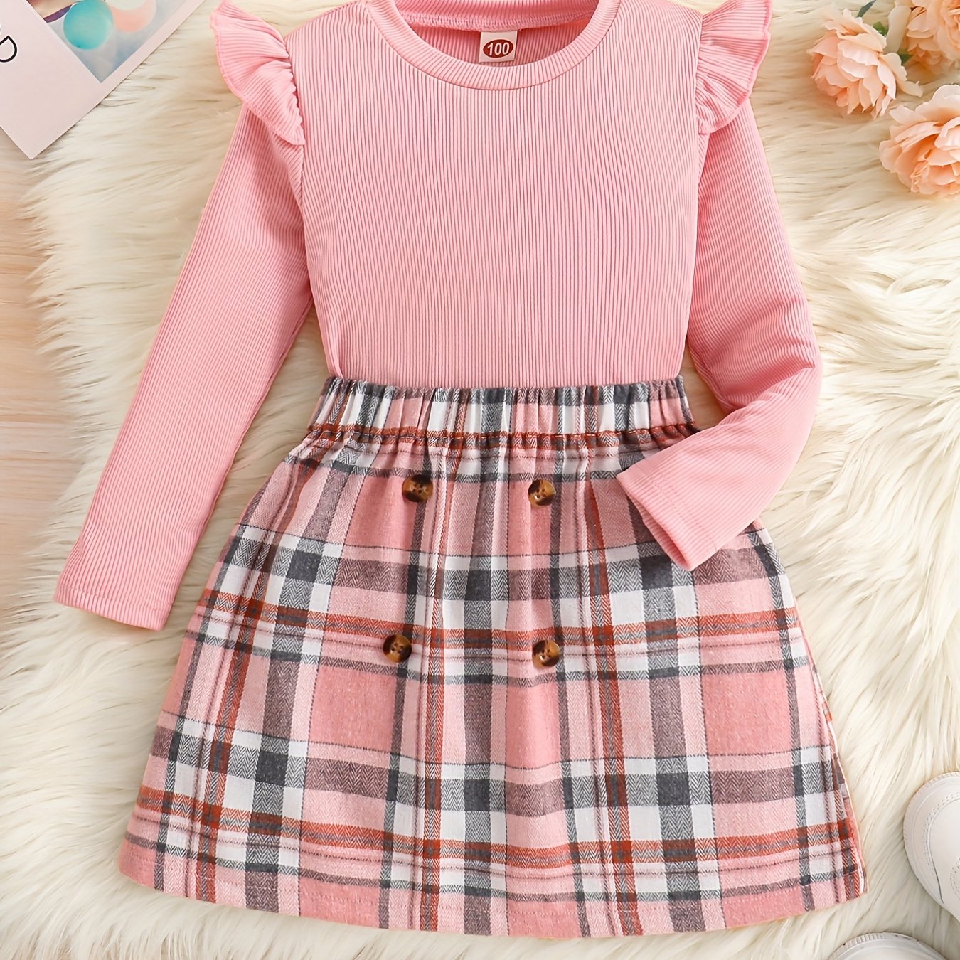Girl's Ribbed Long Sleeve Top & Plaid Skirt Set Button Decor Outfit