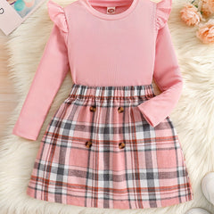 Girl's Ribbed Long Sleeve Top & Plaid Skirt Set Button Decor Outfit