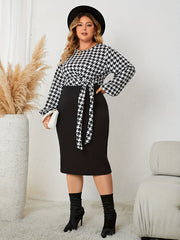 Colorblock Houndstooth Print Long Sleeve Round Neck Belted Dress