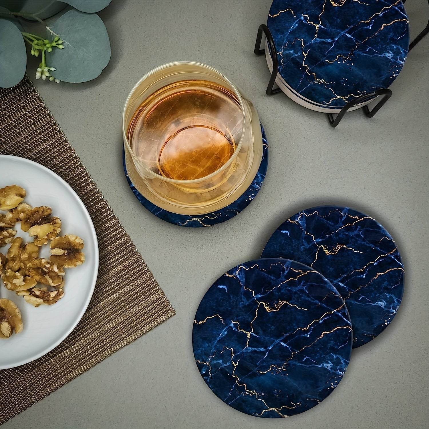 Marble Print Coasters w/ Holder Golden Cup Mats Insulated Drinkware Accessories