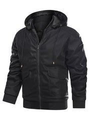 Men's Faux Leather Motorcycle Jacket Stand Collar with Hood