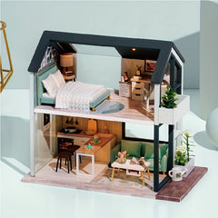 Wooden House Model Kit w/ Furniture Lights & 3D Puzzle - Kids Gift