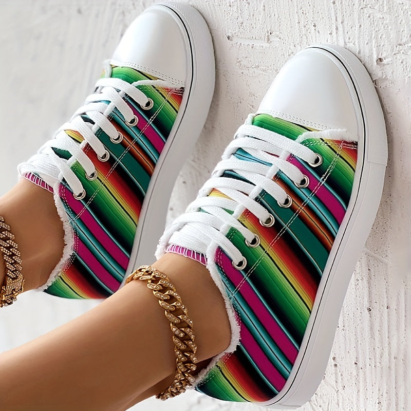 Colorful Strip Print Sneakers Low Top Lace Up Canvas Shoes