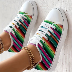 Colorful Strip Print Sneakers Low Top Lace Up Canvas Shoes