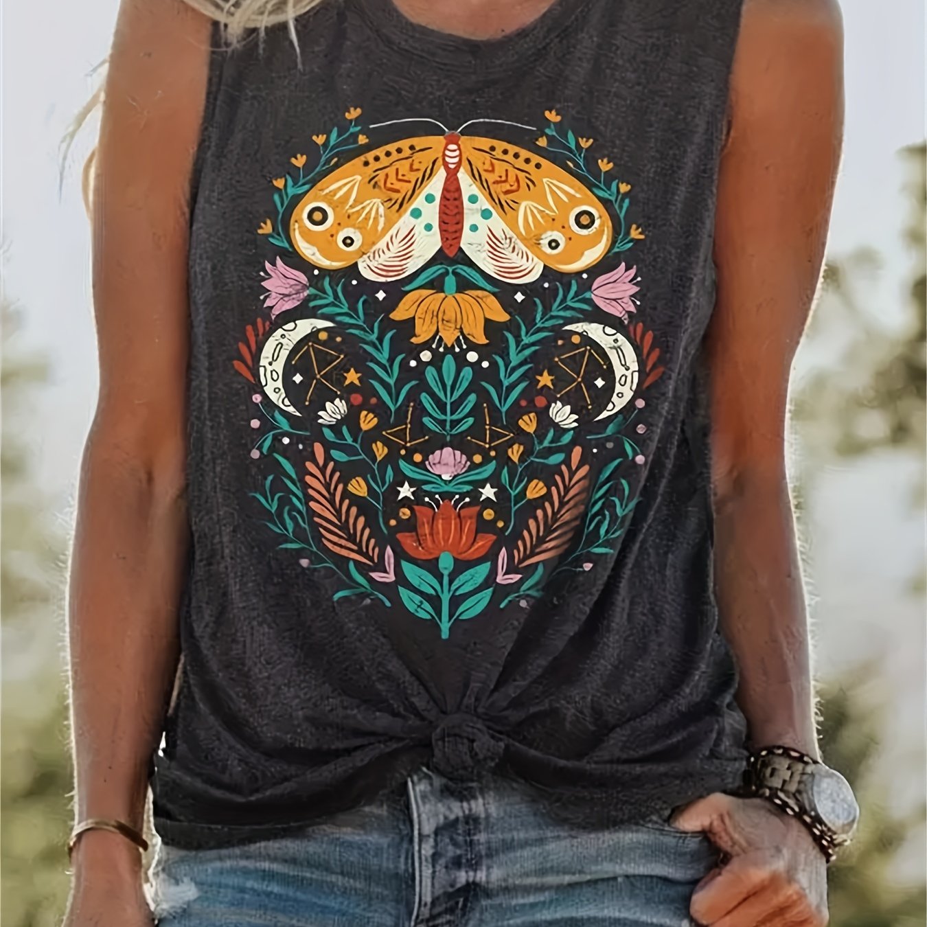 Floral Print Tank Top Summer Sleeveless Casual Crew Neck Women's Clothing